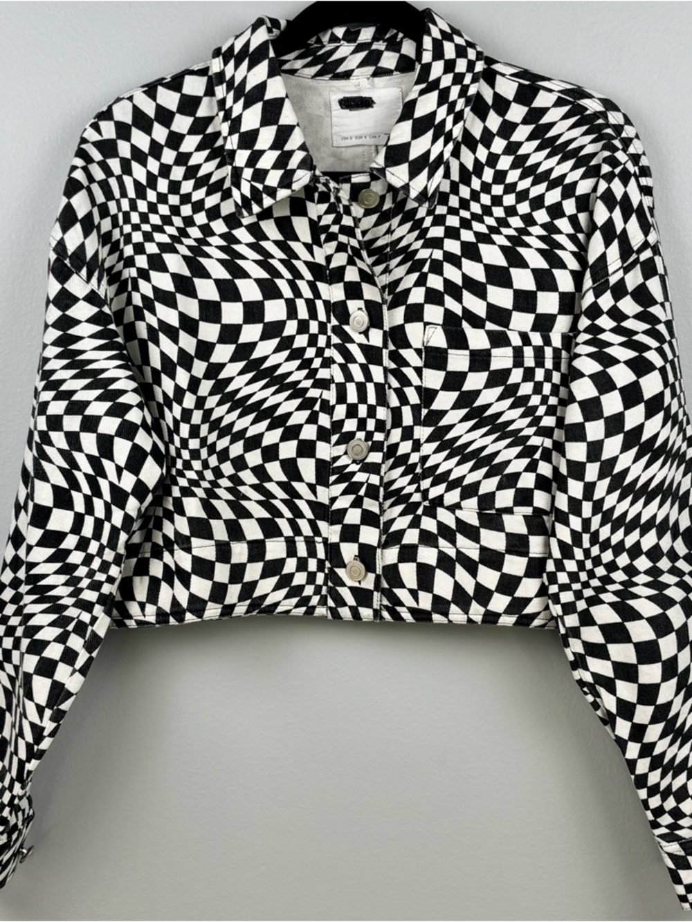 Elodie Black & White Optical Warped Checkered Button-Up Denim Jacket